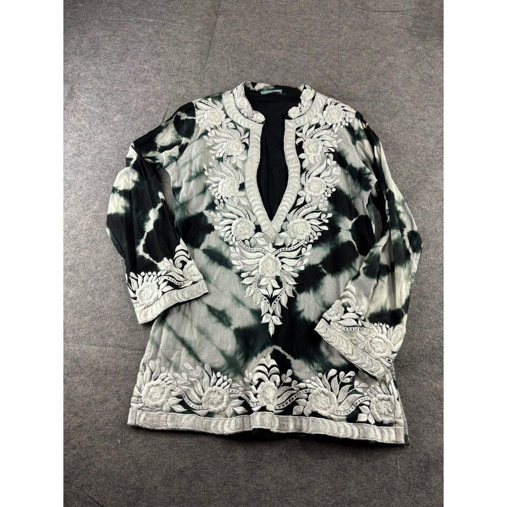 TAJ by Sabrina Crippa Black White Tie Dye Embroidered Cotton Tunic Top Small